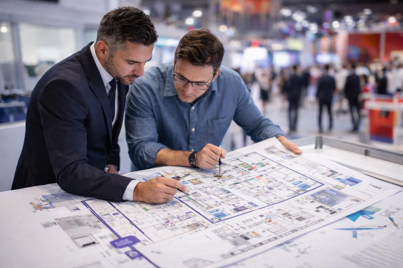 A team collaborating on an exhibition design.