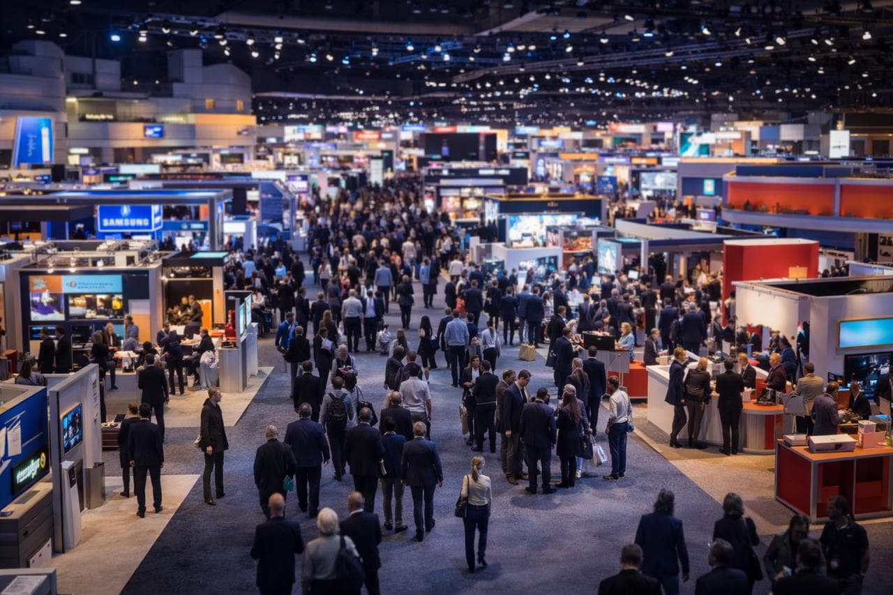People walking through a modern, spacious exhibition hall.